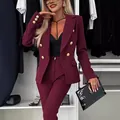 Elegant burgundy double-breasted professional blazer and matching trousers suit for women. - S / Top And Bottom / Dark Red