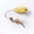 Yellow corduroy mouse cat toy with long rope tail natural feather and silver bell - Plush Mouse / Yellow