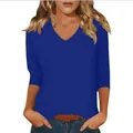 Casual royal blue V-neck 3/4 sleeve T-shirt for women with a comfortable slim fit - Dark Blue