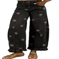 Retro Y2K style black floral print wide-leg denim jeans with ruffled hem details - S / Bottoms / Black