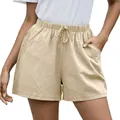 Pantalones cortos casuales de lino beige con cintura elástica de cordón y bolsillos laterales - S / Bottoms / Albaricoque