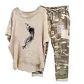 Women's stylish casual two-piece outfit featuring a printed beige tee and camo pants. - 3XL / Top And Bottom (134105 Element 9) / Apricot