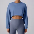 Women's blue loose fit long-sleeve cropped crew neck sports top for yoga workout - Grey Blue