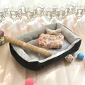 Ensemble de lit pour chien en peluche avec oreiller et couverture à motifs de pattes - Ensemble 4 Pièces (Couverture + Tapis + Os) / 30x40 / Noir et Gris