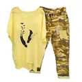 Women's two-piece leisure outfit featuring yellow feather print T-shirt and camo pants - 3XL / Top And Bottom (134105 Element 10) / Yellow