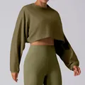Women's olive green cropped long-sleeve sports sweatshirt for yoga, loose fit variant - Army Green