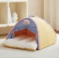 Cozy semi-enclosed plush pet tent house cat bed with blue checkered pattern and soft cushion - Plaid Villa With Blanket