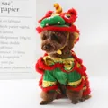 Funny festive red and green Chinese Lion Dance pet costume for small to medium dogs - 2XL / Set / Red