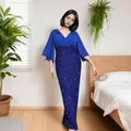 Elegant navy blue chiffon and sequin patchwork deep V-neck long evening gala dress. - S / Dresses / Blue