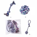 Detailed view of three-piece braided cotton rope dog chew toy set with packaging - 3-Piece Set Double Knot + Rope Ball + Hand Pull Ball