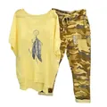 Trendy two-piece set featuring yellow feather print oversized tee and camouflage joggers - 3XL / Top And Bottom (134105 Element 8) / Yellow