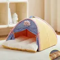 Soft semi-enclosed pet tent bed with checkered pattern and plush cushion for cats and dogs - Plaid Villa With Cooling Mat