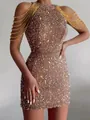 Close-up of sparkly champagne sequin dress with elegant gold beaded chain shoulder straps - S / Dresses / Pink