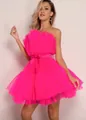 Stunning hot pink strapless tulle mini dress featuring a bow waist and ruffled skirt - Rose Red / S