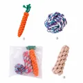 Detailed view of three-piece cotton rope dog toy set including carrot and ball shapes - Carrot, Corn Cob and Knot Ball / Three-Piece Set