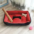 Cozy red and black plush dog bed featuring a bone pattern for small and medium pets - Mat + Cloth Bone + Chew Rope Set / 30*40 [Suitable for within 2.5kg] / Red & Black
