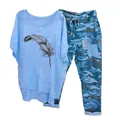 Stylish women's two-piece casual outfit featuring feather print tee and camo joggers - 3XL / Top And Bottom (134105 Element 5) / Blue