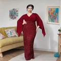 Elegant deep red evening dress with chiffon V-neck top and sequined mermaid skirt detail - S / Dresses / Burgundy