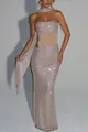 Close-up of sparkling sequined evening gown with matching scarf and sheer midriff - S / Dresses / Apricot