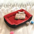 Soft red and black plush dog bed set with cozy paw print blanket and small pillow - Red Black Style (Blanket + Pillow + Chew Rope 3-Piece Set) / 80*60 / Red & Black