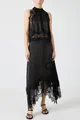 Elegant black two-piece set with sleeveless lace-trim halter top and asymmetric midi skirt. - S / Top And Bottom / Black