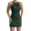 Detail view of emerald green sequin bodycon dress with elegant gold chain shoulder tassels - Dark Green