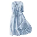 Light blue cotton linen dress with pleated waist and button-up collar detail. - S / Dresses / Light Blue