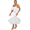 Elegant white strapless mermaid dress with oversized chest bow and ruffled tulle hem - S / Top And Bottom / White