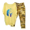 Two-piece women's casual outfit with yellow feather print tee and camouflage joggers. - 3XL / Top And Bottom (134105 Element 7) / Yellow