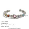 Vintage stainless steel cuff bracelet with hammered texture and colorful zircon stones - Vintage Hammered Open Bracelet (B0994) / Silver