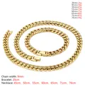 9mm brede goud vergulde roestvrijstalen Cubaanse schakelketting en armband set voor heren - Armband (ongeveer 20cm) / 9mm Goud
