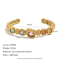 Vintage 18K gold plated stainless steel hammered cuff bracelet with colorful zircons - Geometric Hammered Bracelet (B0994) / 18K Gold