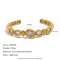 Retro hammered stainless steel 18K gold plated open bangle with sparkling zircon stones - Wavy Hammered Bracelet (B0994) / 18K Gold