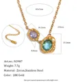 Elegant 18K gold plated stainless steel necklace with blue and purple zircon charms - O-Chain Hammered Necklace (N3987) / 18K Gold