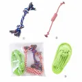 Close-up detail of various durable braided cotton rope dog chew toys and packaging - Slipper and Thread and Double Knot Shape