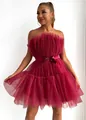 Front view of an elegant burgundy strapless mesh party dress with satin bow belt - Burgundy