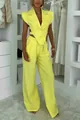 Chic neon yellow two-piece set featuring a sleeveless blazer vest and wide-leg trousers - S / Top And Bottom / Yellow