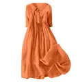 Detailed high-quality orange cotton linen midi dress with buttons and loose fit - S / Dresses / Orange
