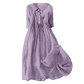 Close-up of casual purple cotton linen dress with buttoned collar and pleated skirt. - Purple