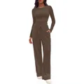 Two-piece solid brown lounge set with long sleeve top and wide leg pants - Dark Brown