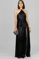 Elegantes metallisches schwarzes plissiertes Halfter-Maxikleid mit hohem Beinschlitz - XS / Kleid (8155) / Schwarz