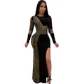 Sexy black long sleeve maxi dress with elegant gold rhinestones and high slit for party - S / Dresses / Gold