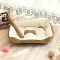 Comfortable plush dog bed in light brown and beige with cute bone-shaped pillow - 4-Piece Set (Bed + Mat + Blanket + Pillow + Rope) / 30*40 (Suitable for up to 2.5kg) / Coffee Beige