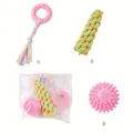 Complete 3-piece dog chew toy set including rope ring, woven stick and spiky molar ball - Macaron Rope Ring Ball 3-Piece Set