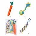 Durable multi-colored cotton rope chew toys for pets in three fun knotted shapes - Carrot Corn and Dumbbell Shape