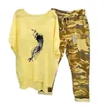 Women's two-piece set featuring yellow feather print T-shirt and camo pants - 3XL / Top And Bottom (Element 9) / Yellow