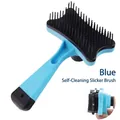 Blue self-cleaning slicker brush for dog and cat grooming with push button - Blue
