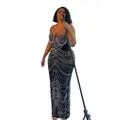 Full-length detail of an elegant black evening dress featuring intricate rhinestone patterns. - S / Dresses / Black