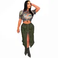 Full view of trendy olive green cargo skirt with zipper details and camo crop top. - M / Bottoms / Army Green