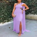 Elegant lavender one-shoulder pleated maxi dress with waist cutout and high leg slit - S / Dresses / Light Purple
